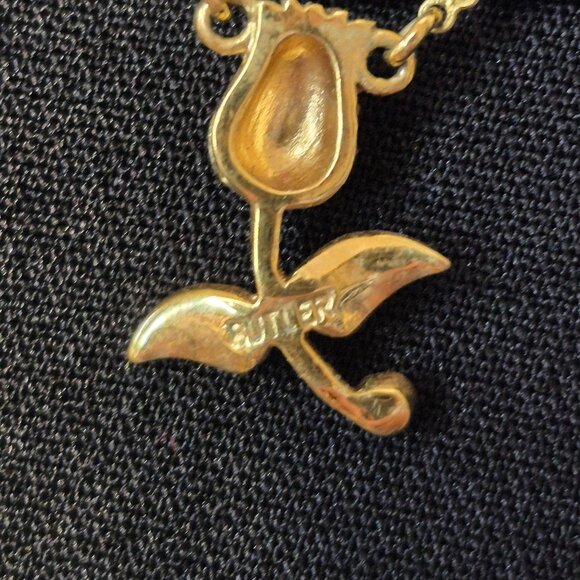 Vintage Butler Goldtone Green and Pink Sparkly Stone Tulip Necklace - Picture 3 of 8
